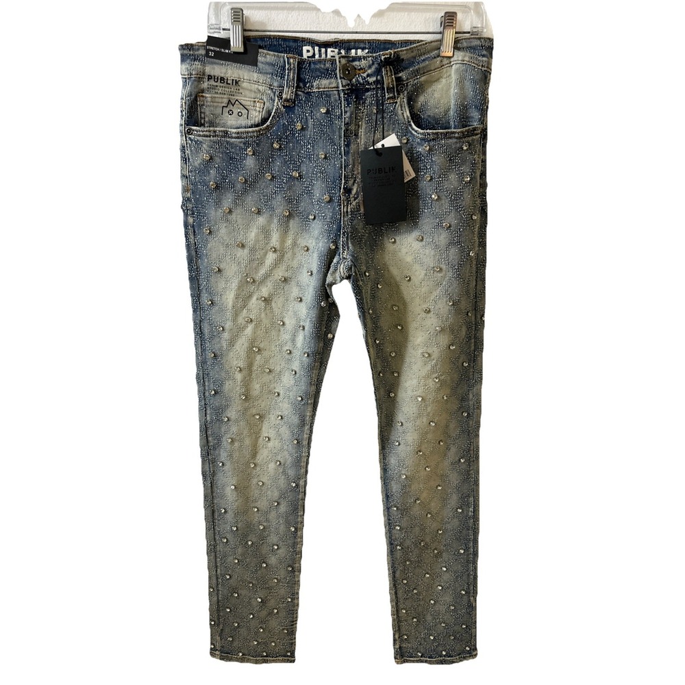 Publik Denim Design Jeans Men's 32x32 Marble Blue Rhinestones Stretch Slim NWT